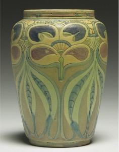 Although he produced art pottery and tiles both before and after his residency at University City, important works by Frederick Rhead seldom come on the market. This small vase with an incised organic pattern was hammered down for $21,000 at Treadway Toomey in 2007. Treadway Toomey Auctions image